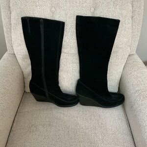 Black Wedge Knee-High Boots
